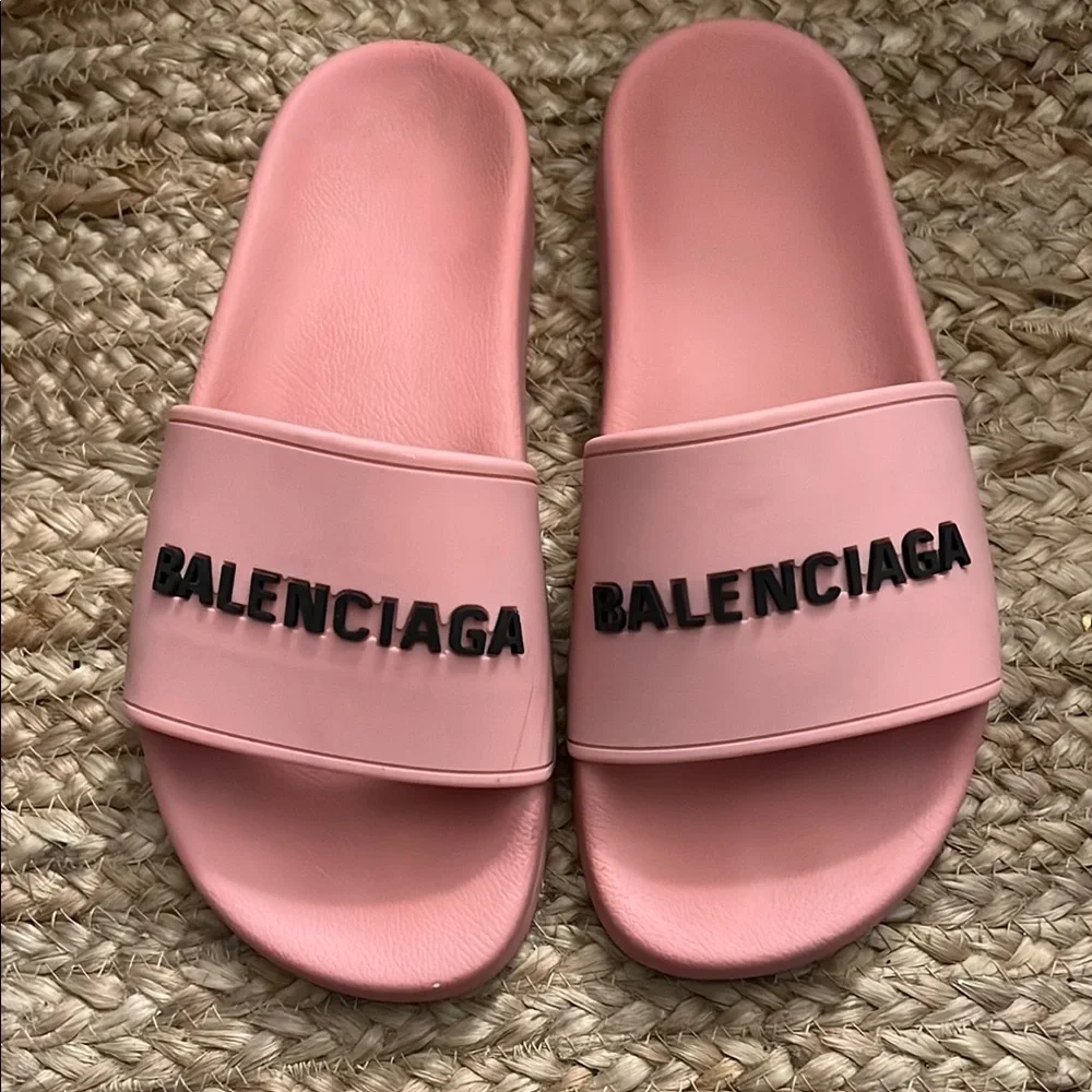 SOLD-Balenciaga Blush Pink Logo Slides - Picture 1 of 5